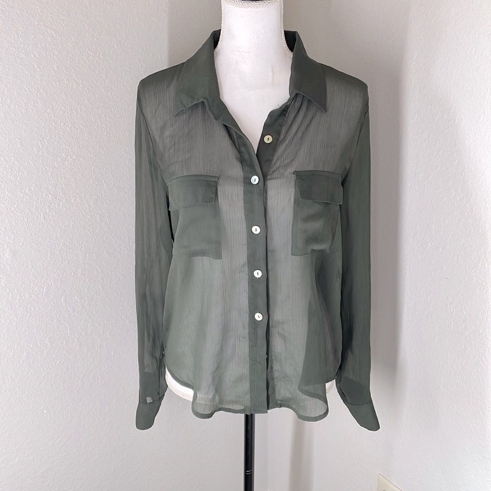 About a girl hunter green sheer long sleeve button down shirt size large